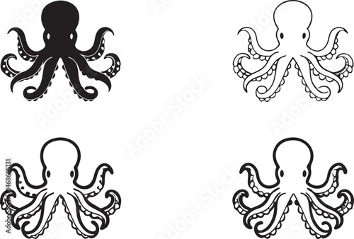 Octopus Silhouettes and Outlines in Artistic Contrast.