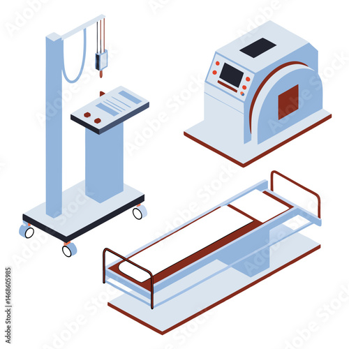 Isometric view of medical equipment including a bed, machine, and rolling stand unit