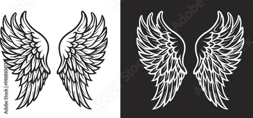 Angel wings silhouettes, Angel wings vector art, hand drawn bird or angel wings of different shape, vector illustration
