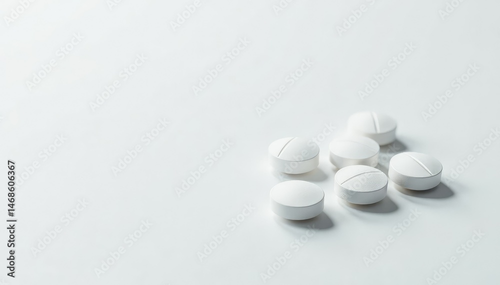 Close-up of several small white pills on a white surface , healthy, macro Close-up of several small white pills on a white surface , healthy, macro