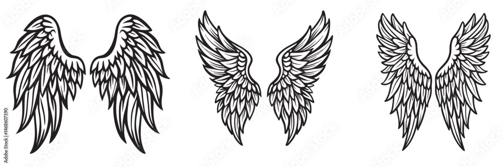 Obraz premium Angel wings silhouettes, Angel wings vector art, hand drawn bird or angel wings of different shape, vector illustration