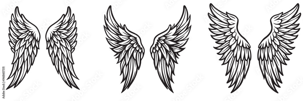 Obraz premium Angel wings silhouettes, Angel wings vector art, hand drawn bird or angel wings of different shape, vector illustration