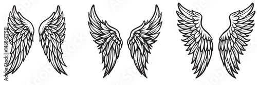 Angel wings silhouettes, Angel wings vector art, hand drawn bird or angel wings of different shape, vector illustration