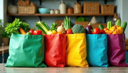 Colorful grocery bags overflowing with fresh produce and pantry staples , shopping bags, farm fresh, bread