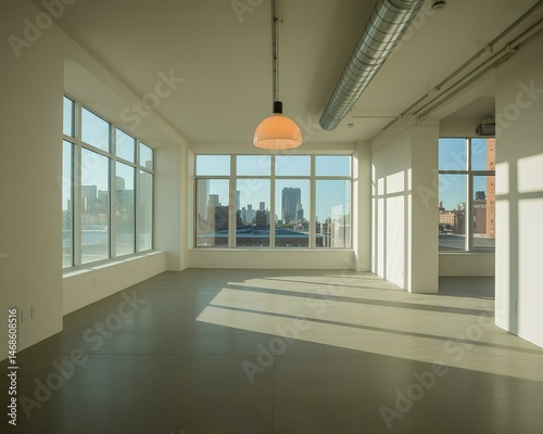 An empty room featuring large windows and a prominent pendant light hanging from the ceiling