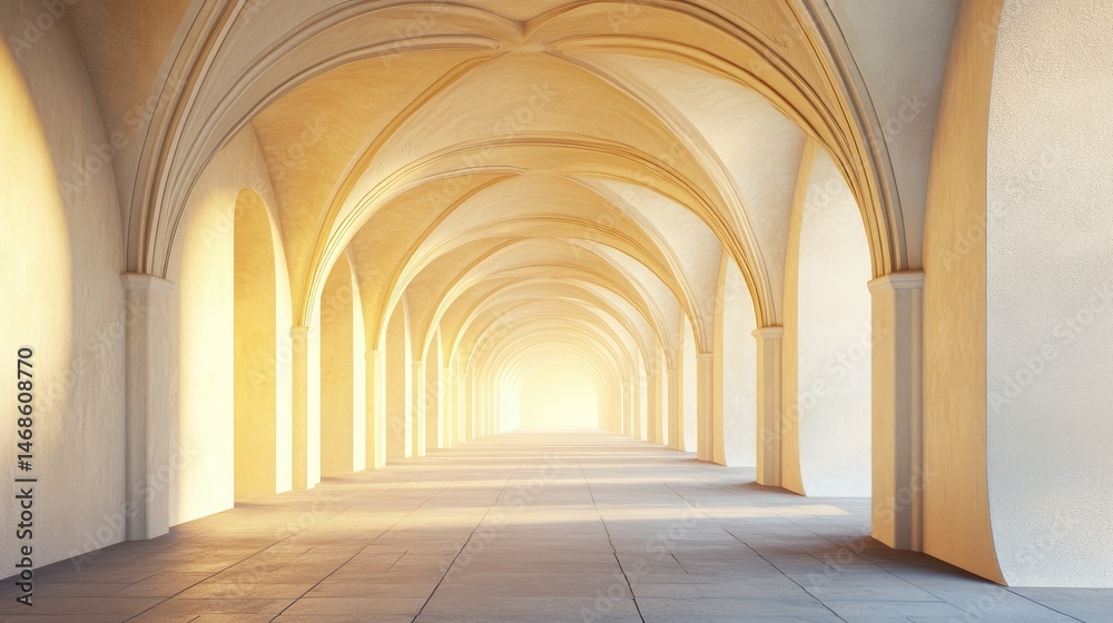 Fototapeta premium Majestic arched hallway bathed in golden light.