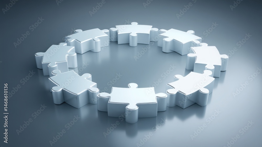 Fototapeta premium White puzzle piece floating in a network forming from interconnected puzzle pieces representing collaboration and unity