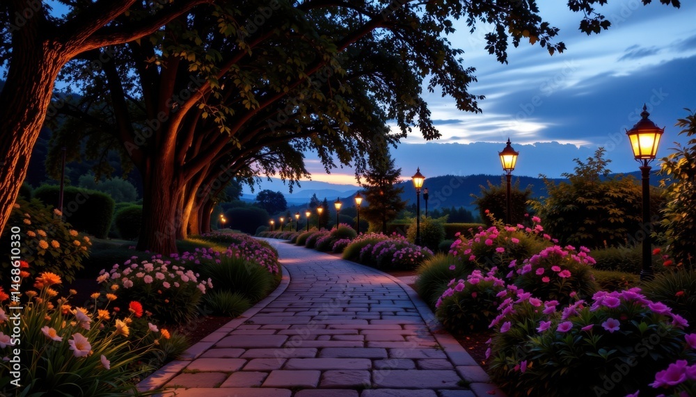 Fototapeta premium Strolling through a blooming garden pathway at dusk scenic landscape tranquil environment serene viewpoint