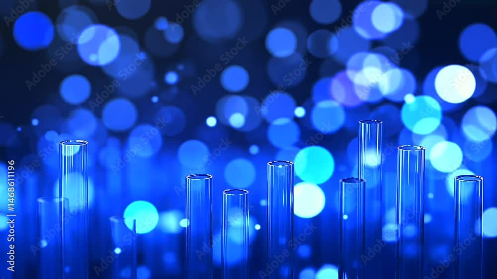 Rows of clear glass test tubes stand against a vibrant blue background with luminous, blurred bokeh light effects