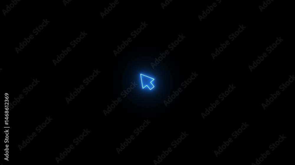 Neon glowing mouse cursor, mouse click or Pointer icon on the black background. glowing Mouse click, cursor symbol. Pointer cursor сomputer mouse icon. Clicking cursor, pointing hand clicks icons. 