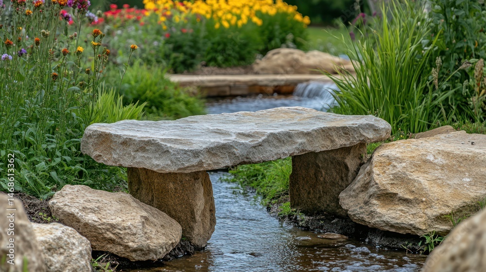 Fototapeta premium Stone bench over small stream in flower garden. Possible use Stock photo for landscaping, nature, gardens