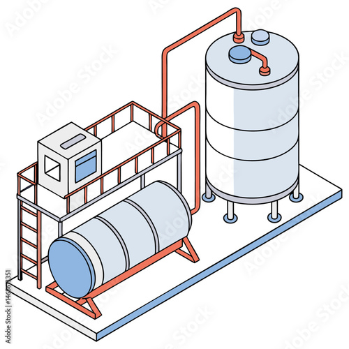 A cartoon illustration of industrial tanks and equipment on a platform isometric view