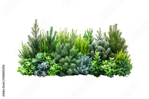 Neatly layered mix of succulents and pines in vibrant green shades, forming a natural visual wall, isolated on a transparent background