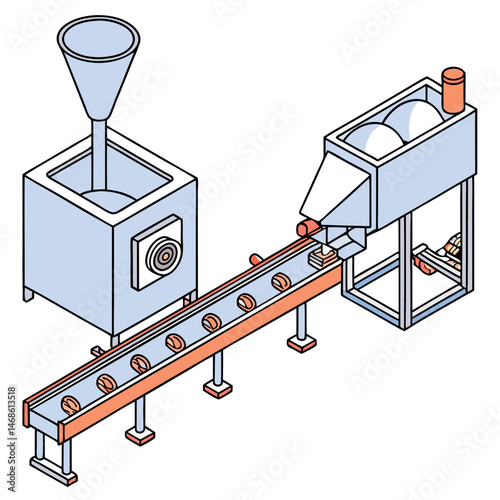 Isometric view of a production line with conveyor belt and automated machinery units