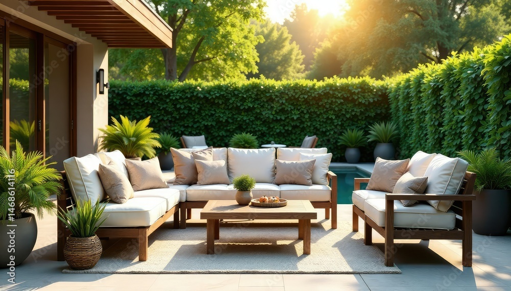 Fototapeta premium Relaxing patio furniture set, perfect for outdoor entertaining Enjoy the summer sun in comfort , cushions, garden decor, dining set