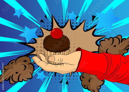 Cartoon Cupcake, comic book Muffin. Retro vector comics pop art design.