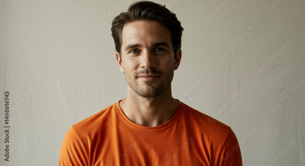 Obraz premium Man wearing orange shirt, neutral background