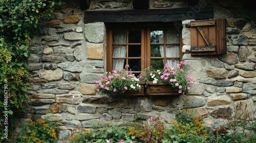 Rustic stone cottage window with flowers