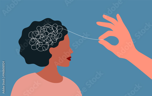Psychotherapy or Psychology concept. Helping hand unravels the tangle of thoughts of a woman with mental disorder, anxiety and confusion mind vector illustration
