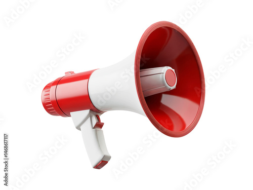 Red and white megaphone isolated on white background. 3d rendering of bullhorn, file contains a clipping path to isolation, Red and white megaphone isolated on white background, 3d megaphone.