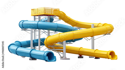 Water Park Slides: A vibrant water park features a thrilling dual water slide, with one blue and one yellow tube curving around each other, promising a fun-filled summer adventure. 
