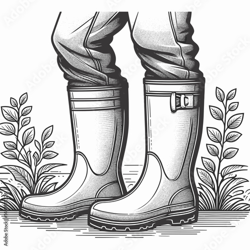 Gardening boots standing in a lush garden background  