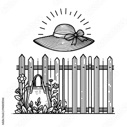 Gardening hat and bag against a wooden fence with flowers  