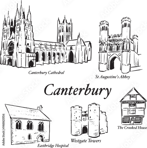 Canterbury landmarks ink illustrations: Cathedral, Augustine Abbey, Church, Eastbridge Hospital, Westgate Tower. Architecture vector drawing set, simple texture style. England Europe theme.