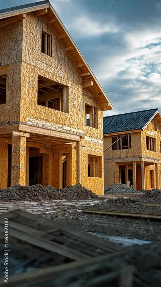 New residential construction in the countryside showcasing modern homes with wooden frames under a cloudy sky New residential construction in the countryside showcasing modern homes with wooden frames under a cloudy sky