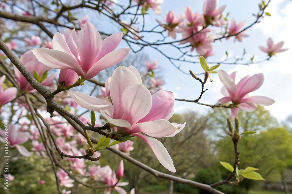 Pink cherry and magnolia blossoms bloom on tree branches, a beautiful sign of spring in the garden Pink cherry and magnolia blossoms bloom on tree branches, a beautiful sign of spring in the garden