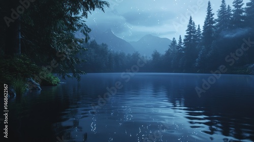 Misty lake and forest landscape photo
