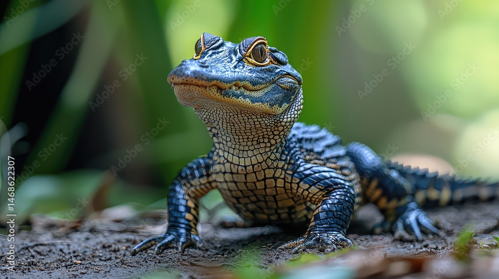 Obraz premium Detailed Close Up of Black Roughneck Monitor with Yellow Markings on Scales in Natural Habitat
