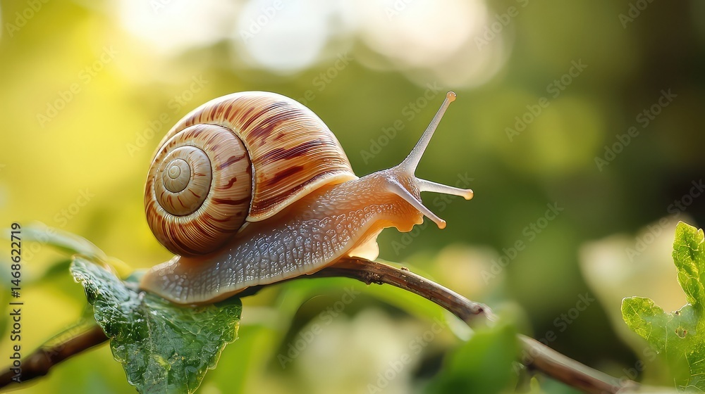 Detailed Close Up of Snail Crawling on a Branch with Blurred Green Foliage in Background and Shallow Depth of Field Detailed Close Up of Snail Crawling on a Branch with Blurred Green Foliage in Background and Shallow Depth of Field