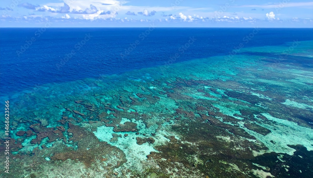 Obraz premium Aerial view of vibrant turquoise ocean waters and coral reefs under a sunny blue sky offering a stunning seascape