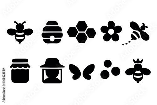 Bee Icon Set Silhouette Collection with Honey Elements for World Bee Day