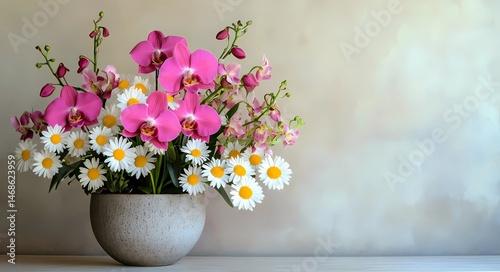 Modern Ceramic Flower Arrangement with Orchids and Daisies.