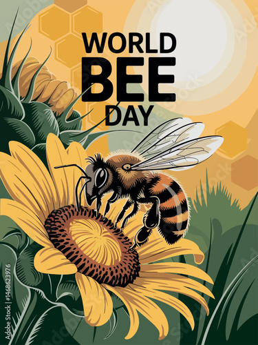 World Bee Day Illustration with Sunflower and Pollinating Honeybee