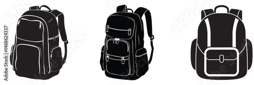Backpack silhouettes, Backpack vector art, hand drawn backpack different shape, vector set of bags for things symbol, vector illustration