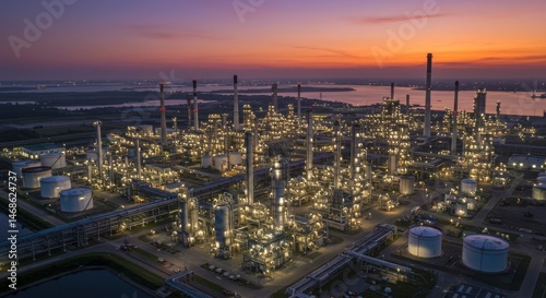 Aerial view of a large industrial complex at twilight, with numerous processing units, storage tanks, and pipelines