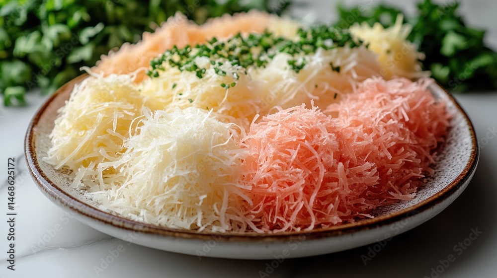 Plate with colorful shredded pastry topped with green herbs on a marble surface. Plate with colorful shredded pastry topped with green herbs on a marble surface.