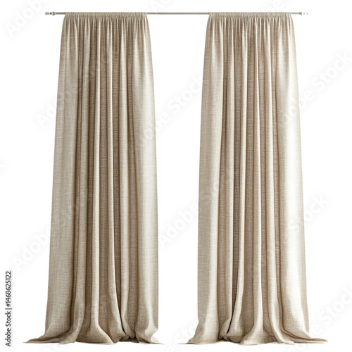Pair of beige linen curtains isolated [Transparent Background PNG]
