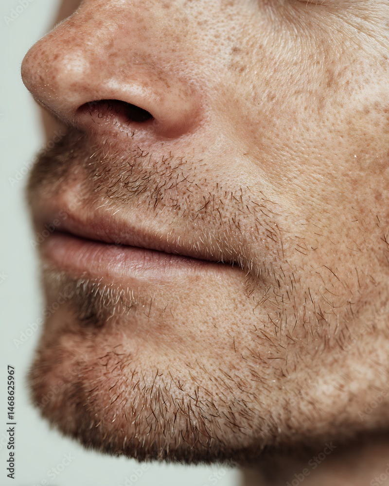 Fototapeta premium Close-up of male skin with visible pores and stubble. Clean background, natural medical light.