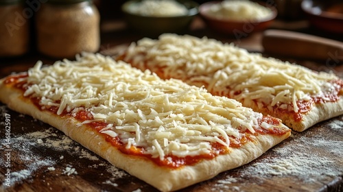 Wallpaper Mural Rectangular pizza with tomato sauce and shredded cheese on a wooden surface. Torontodigital.ca