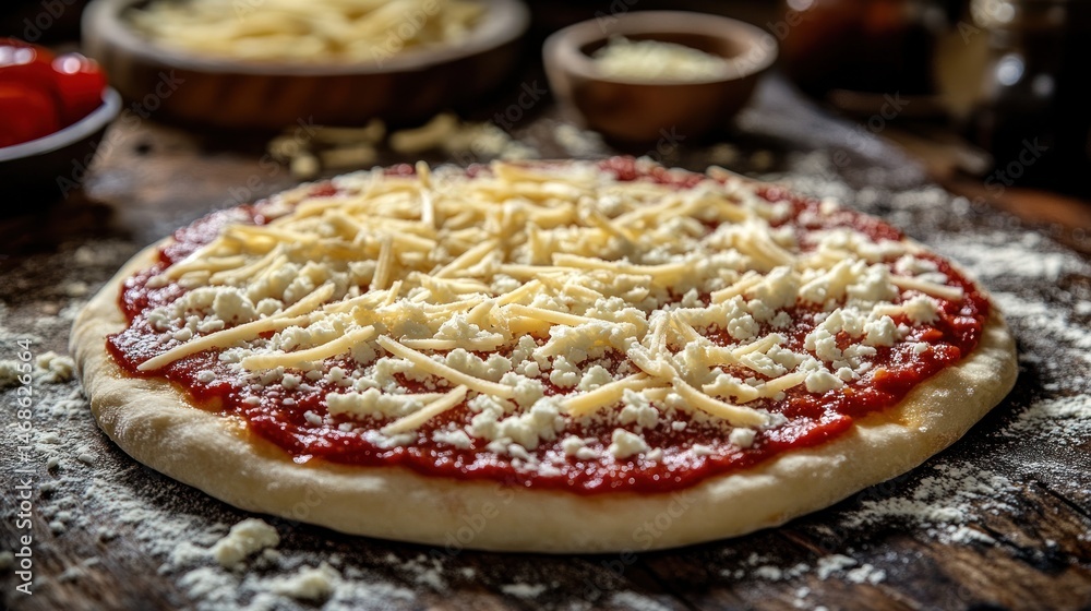 custom made wallpaper toronto digitalUncooked pizza with tomato sauce and cheese on a floured surface.