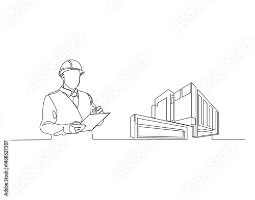Continuous single line drawing of civil engineer reading blueprint paper and company corporate building. Architect reading blueprint paper single line vector illustration. Editable outline.