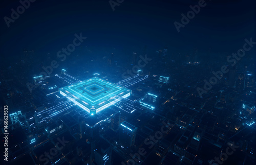 Aerial View of a Futuristic City with a Glowing Chip - like Structure at Night