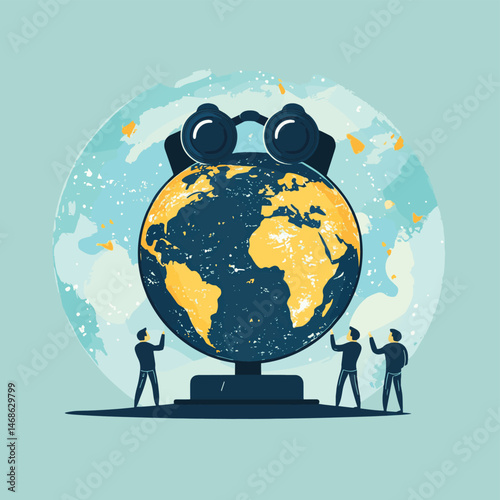 Business people open globe using binoculars looking for future vision. World economic vision for business, work or investment. Flat vector illustration, vector style simple color