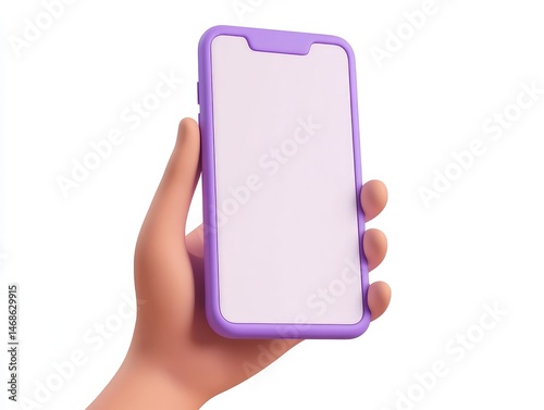 A cartoon hand holds a purple smartphone with a blank screen