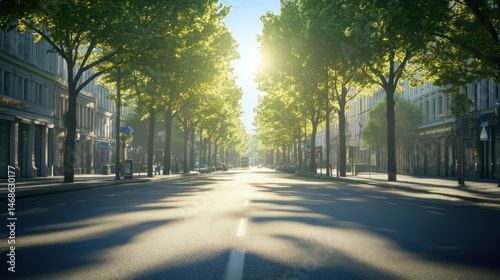 Sunny morning city street lined with trees. Possible use Stock photo