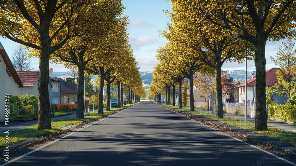 Naklejka premium Autumnal European residential street scene, tranquil atmosphere, possible use for real estate or tourism